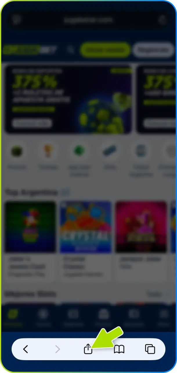 Toca para encontrar el icono de compartir en el menú inferior y añadir la app de Jugabet.