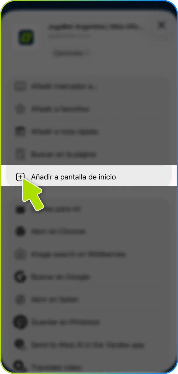 Toca la opción de elegir agregar a la pantalla de inicio para crear el acceso de la app de Jugabet.