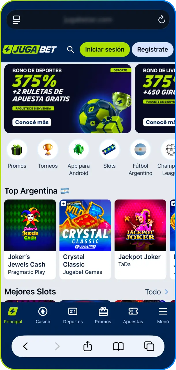 Abre el navegador Safari en tu dispositivo iOS para iniciar la instalación de la app de Jugabet.
