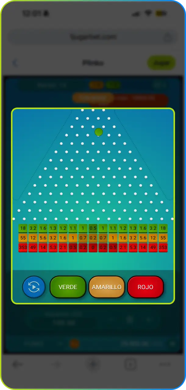 Observa la trayectoria de la bola mientras cae por el tablero de Plinko en Jugabet.