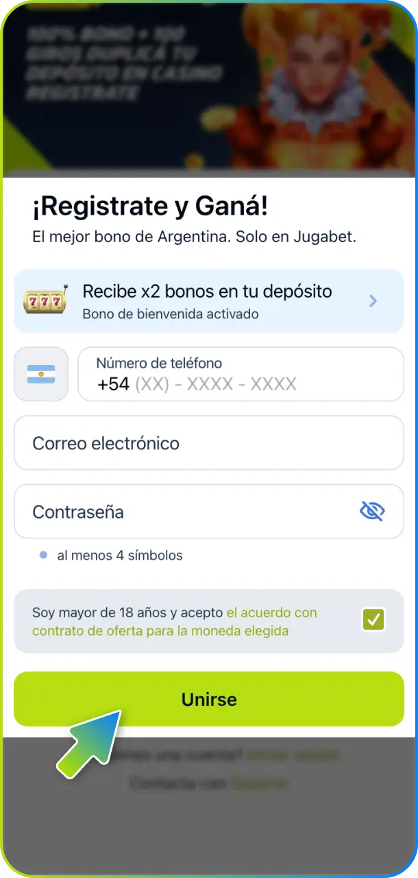 Abre el formulario de registro en la plataforma promocional de Jugabet.
